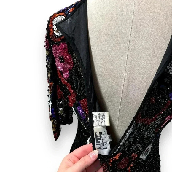 Vintage Retro 80's Silk Hand Beaded Sequin Black Niteline Evening Midi Dress 12 - Picture 12 of 13